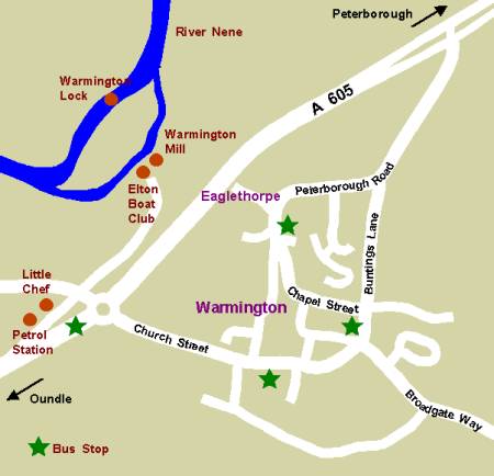 Map of Warmington Showing Bus Stops